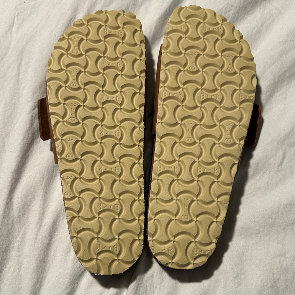 Birkenstock Tan Sandals with Gold Big Buckle - Picture 2 of 4
